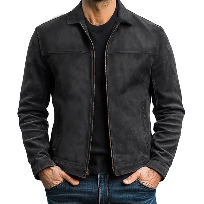 Black men's zip-up biker jacket, a fitted and stylish outerwear option. Ideal for men's casual wear and urban style.