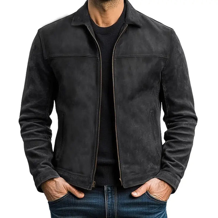 Black men's zip-up biker jacket, a fitted and stylish outerwear option. Ideal for men's casual wear and urban style.
