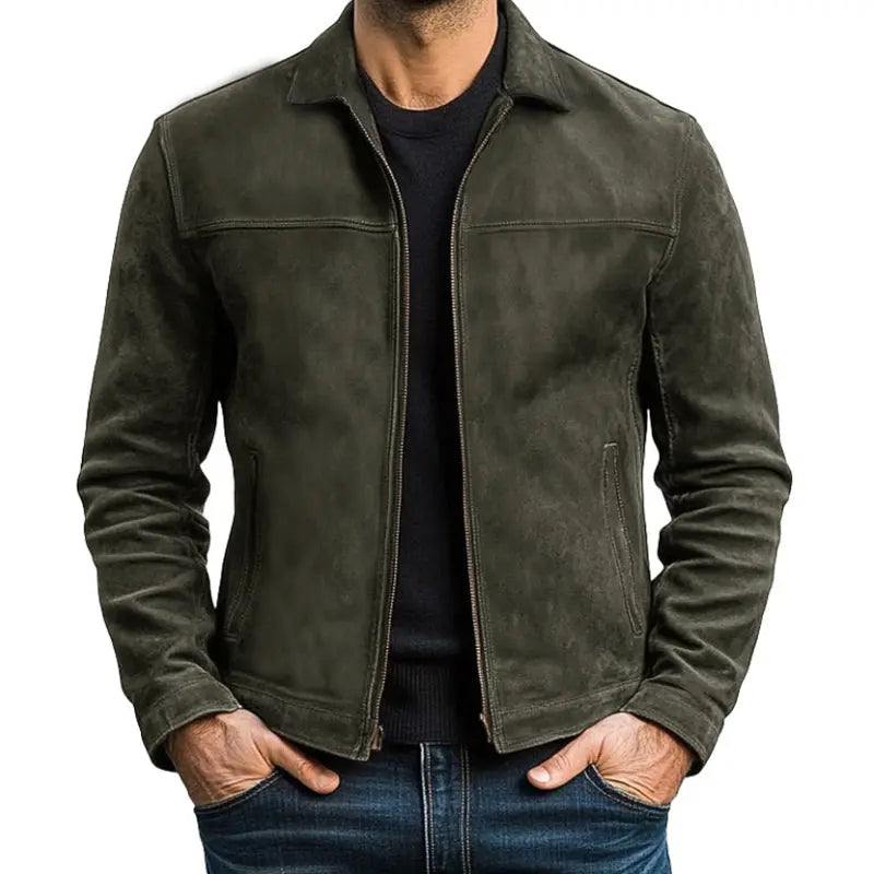 Army green men's biker jacket featuring a zip-up front. A smart casual, long sleeve outerwear jacket for modern men.