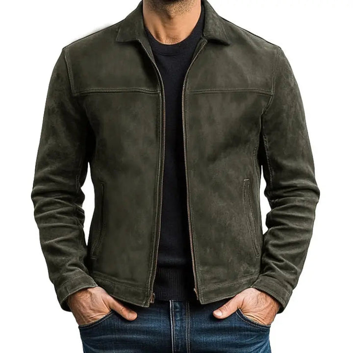 Army green men's biker jacket featuring a zip-up front. A smart casual, long sleeve outerwear jacket for modern men.