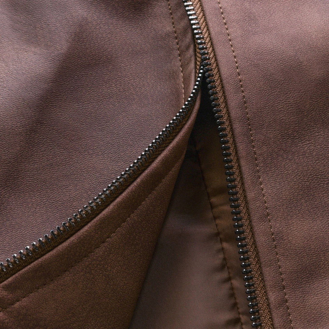 Fitted men's biker style jacket with a practical zip-up closure, long sleeves. A stylish and comfortable men's outerwear.