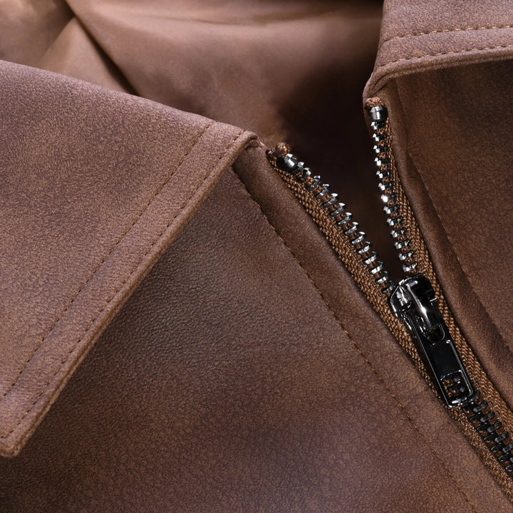 Men's fashion biker jacket, a sleek zip-up outerwear piece. Available in black, brown, and army green for versatile style.