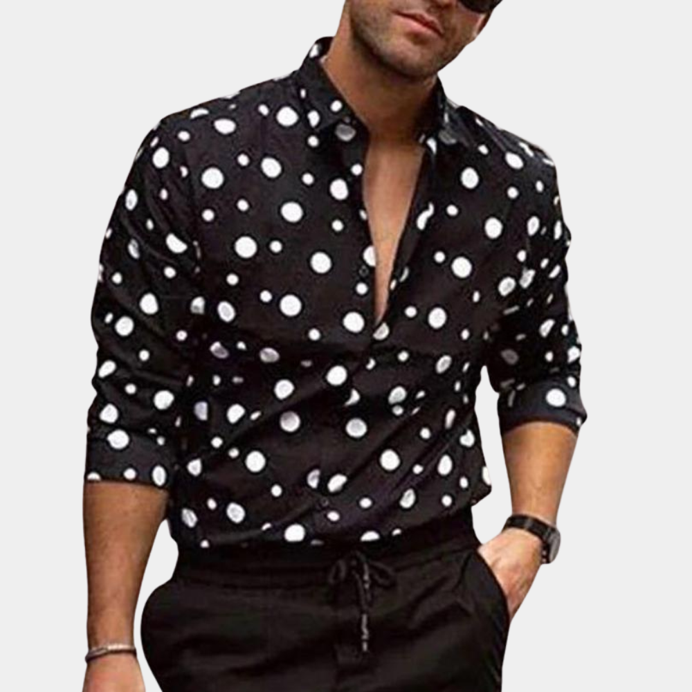 Men's stylish black & white polka dot shirt. Modern design for versatile casual or semi-formal men's fashion.