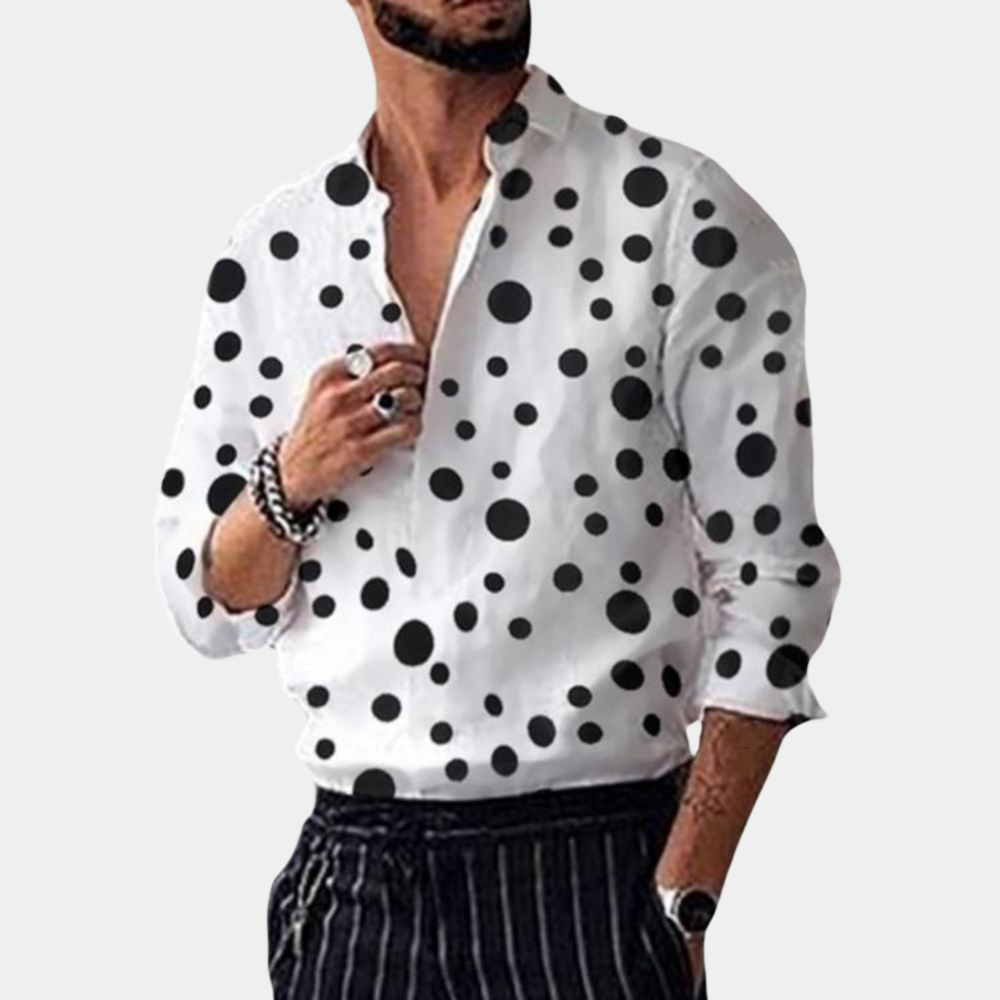 Modern men's black and white polka dot shirt. Stylish and versatile for all-season casual or formal wear.