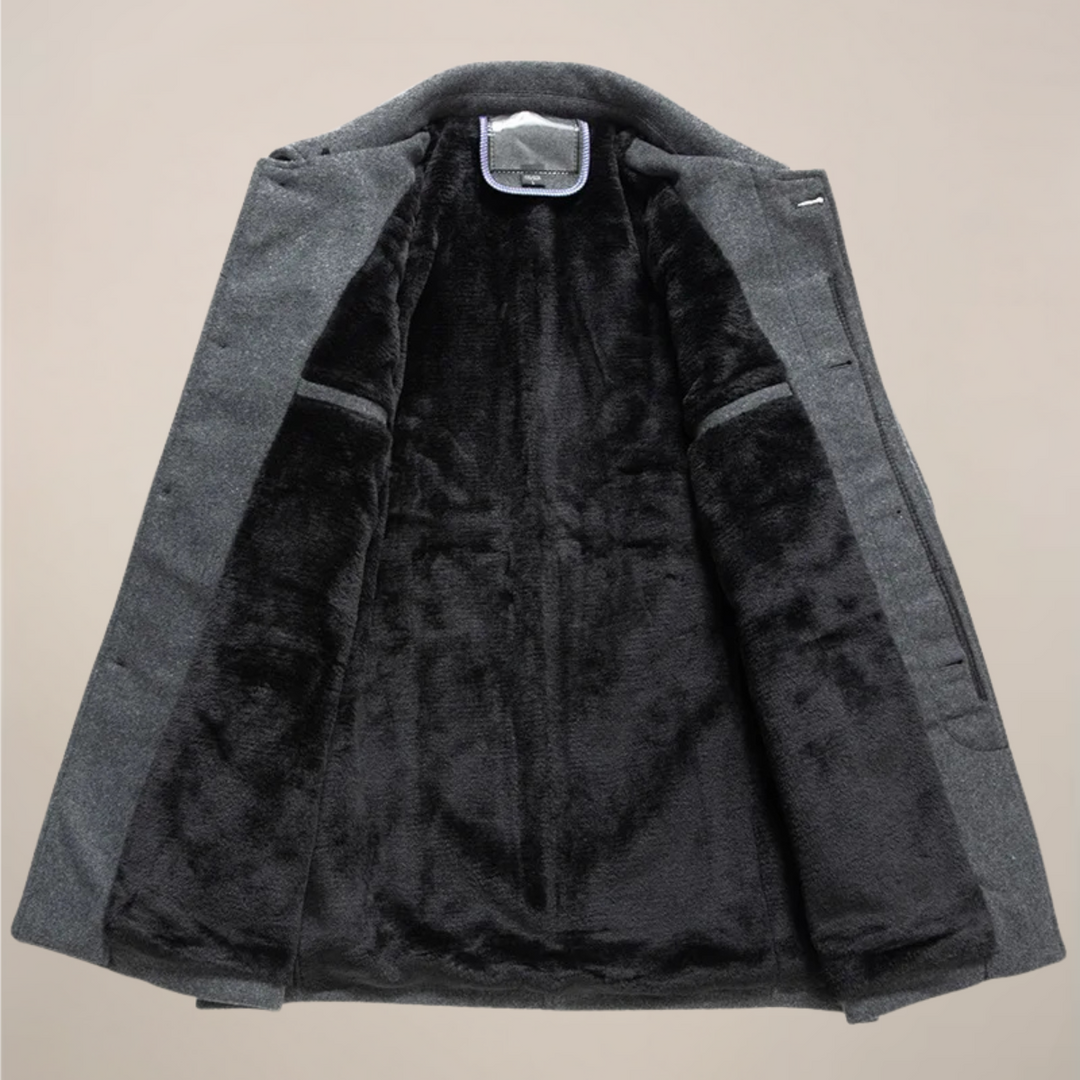 Stylish men's button-up fall jacket. Cozy winter coat, great for smart casual layering and everyday wear.