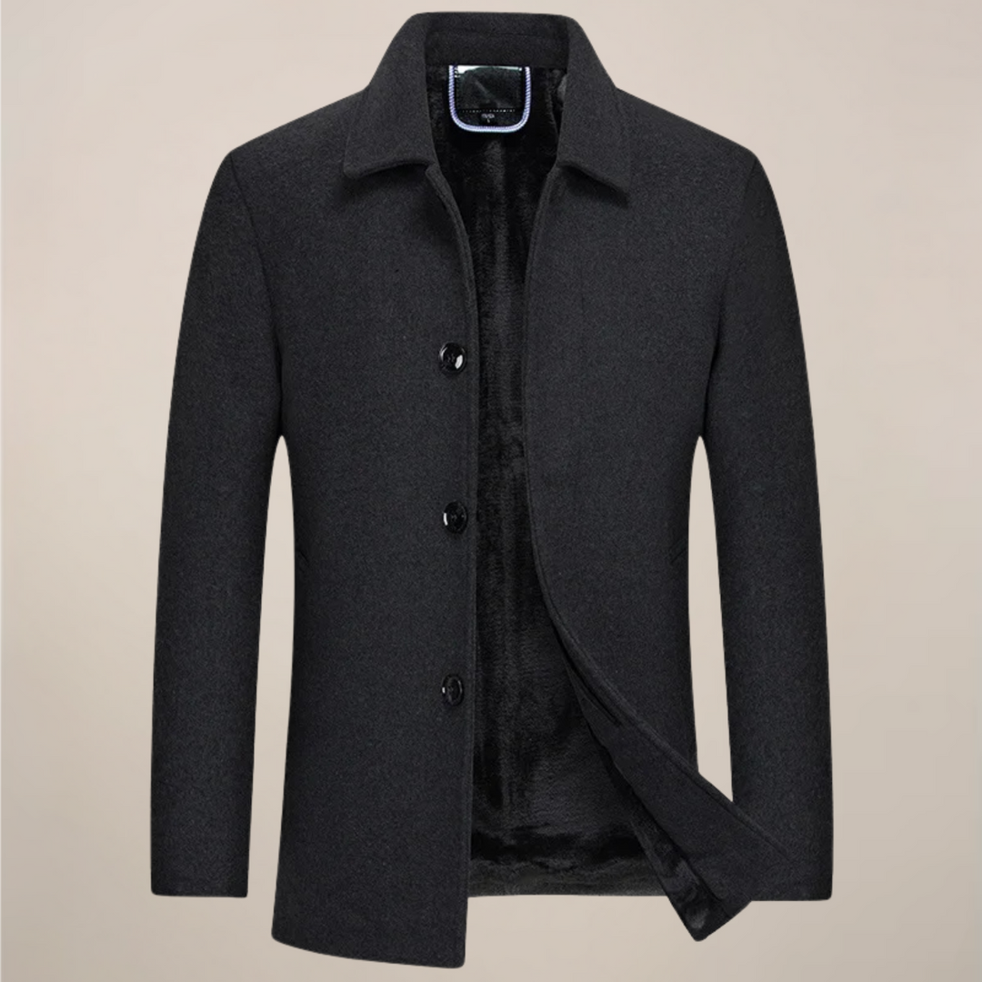 Men's long sleeve button-up jacket, a stylish and warm fall/winter coat for casual and smart layering.