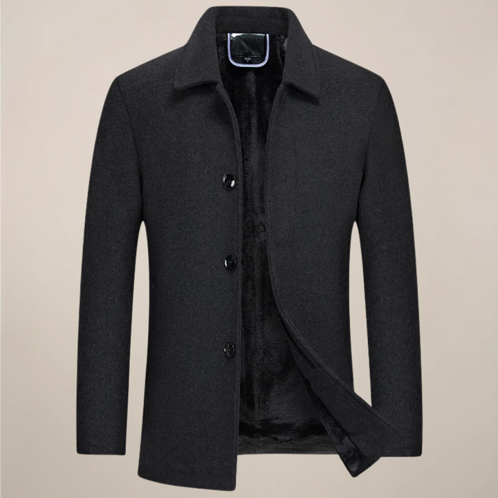 Men's long sleeve button-up jacket, a stylish and warm fall/winter coat for casual and smart layering.