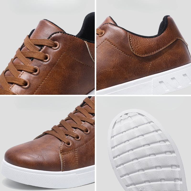 Close-up of men's everyday comfort sneakers, highlighting stylish design and durable construction.