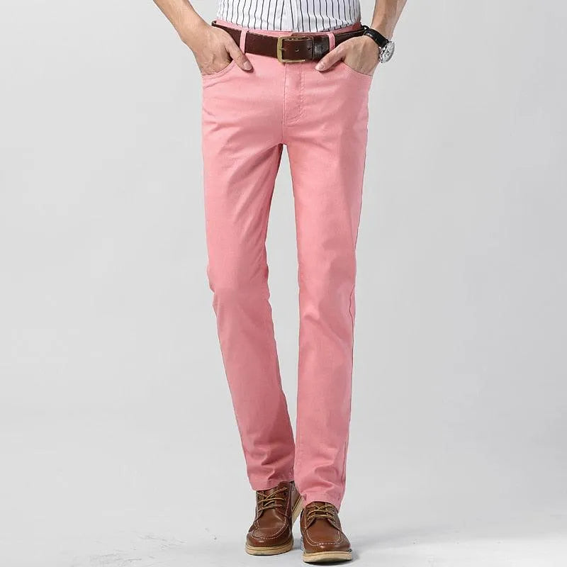 Soft cotton blend men's colored trousers. Comfort fit, breathable pants ideal for all-day wear & style.