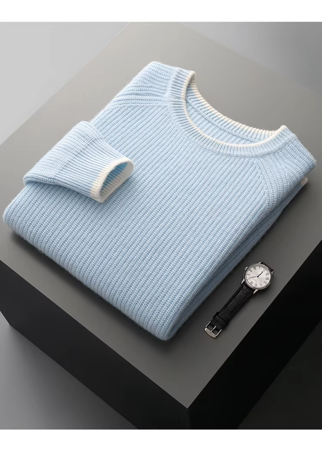 Soft knit men's crew neck sweater, offering comfort & versatile layering options year-round.