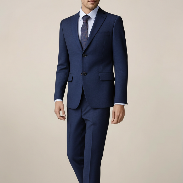 Men's stylish dark blue two-piece summer suit. Lightweight formal attire perfect for weddings & elegant events.