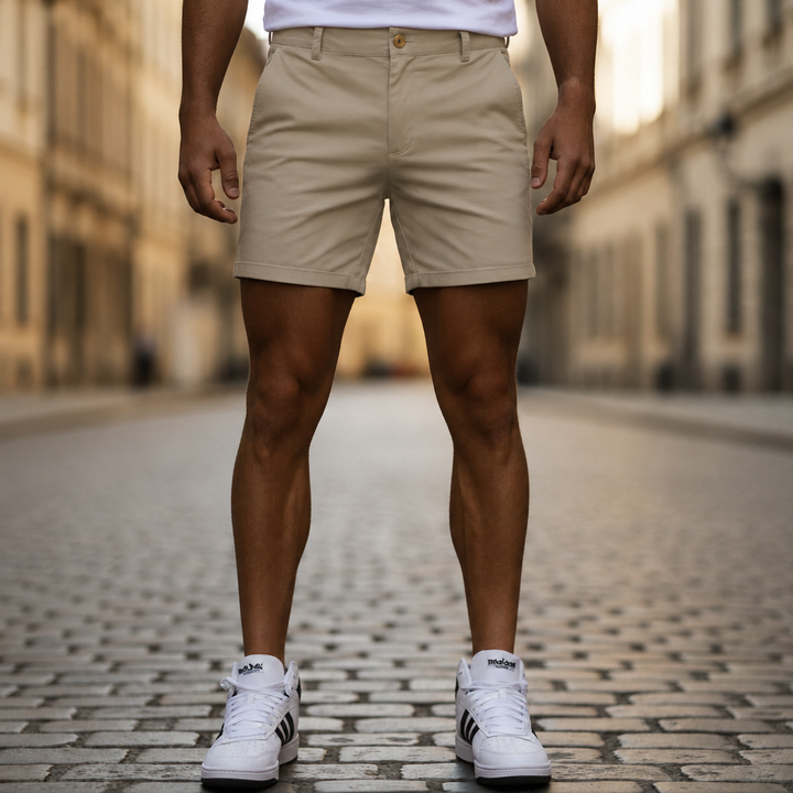 Men's everyday chino shorts with belt loops, offering a stylish & comfortable knee-length fit for summer.