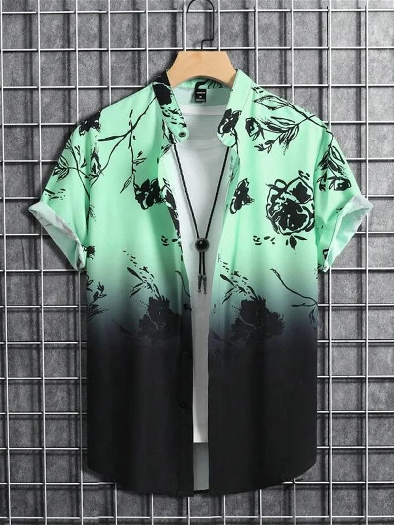 Detail of the vibrant floral pattern on a Men's Short-Sleeve Collared Shirt by Lorenzo.