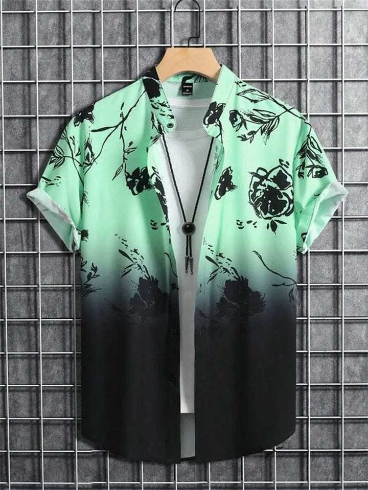 Detail of the vibrant floral pattern on a Men's Short-Sleeve Collared Shirt by Lorenzo.