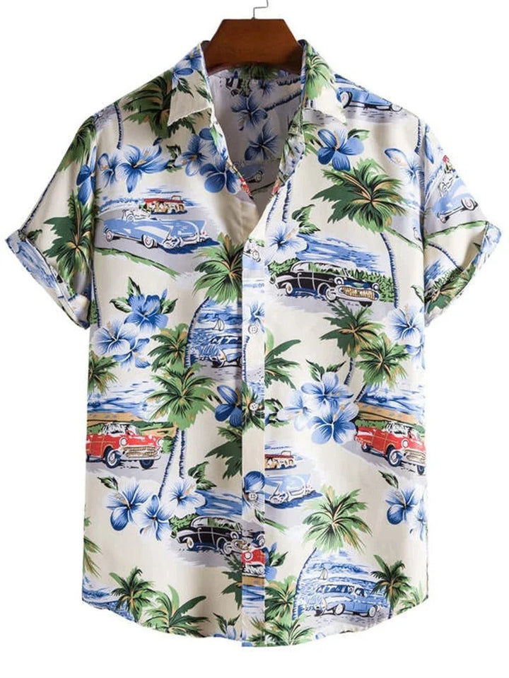 Close-up of a men's Lorenzo short-sleeve shirt featuring a vibrant floral pattern & camp collar.