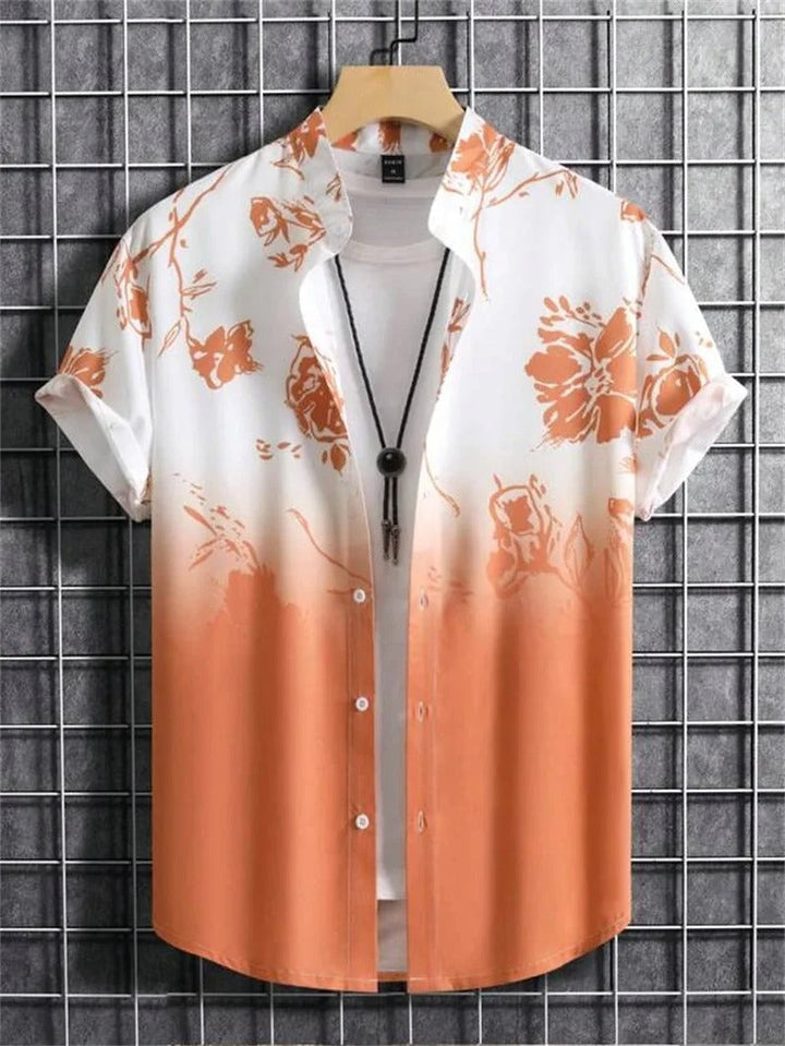 Fashionable men's short-sleeve collared shirt with a unique floral print, ideal for a relaxed summer look.