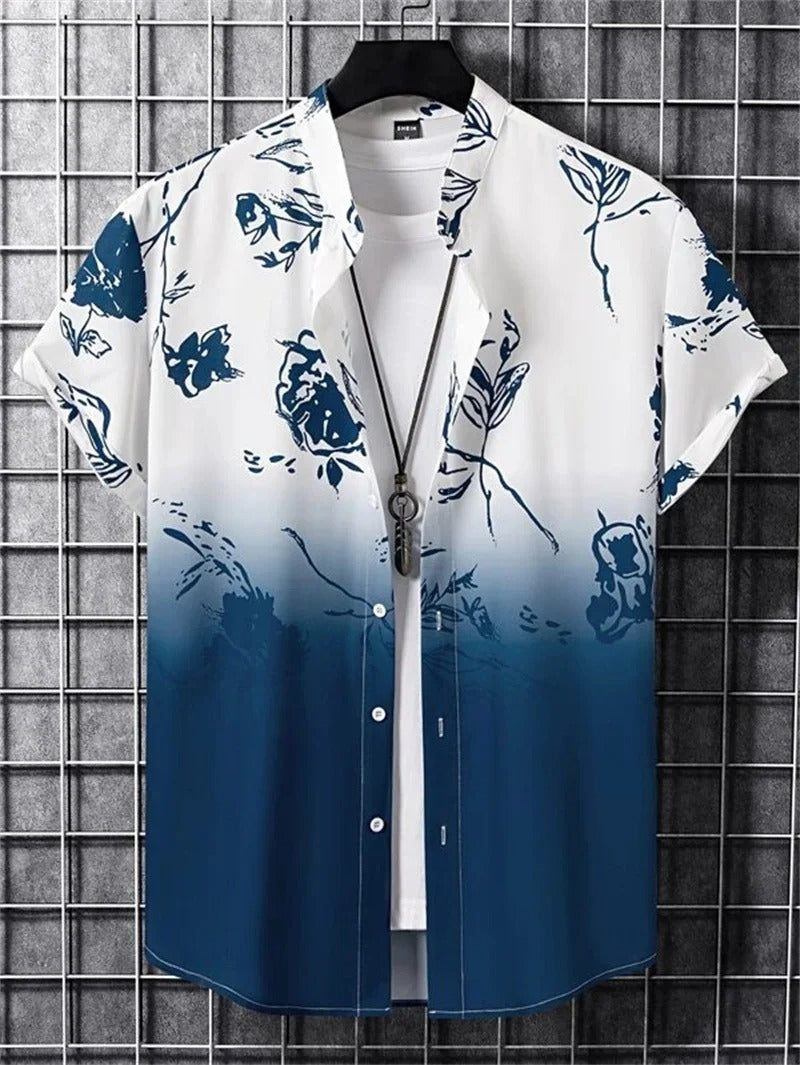 Front view of a Men's Floral Collared Short-Sleeve Shirt, offering stylish comfort for summer outings.