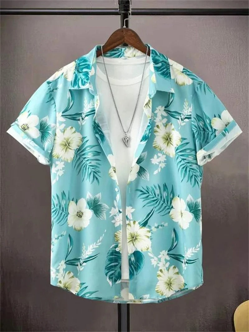 Versatile men's short-sleeve floral print shirt with a smart collar, suitable for casual & stylish occasions.