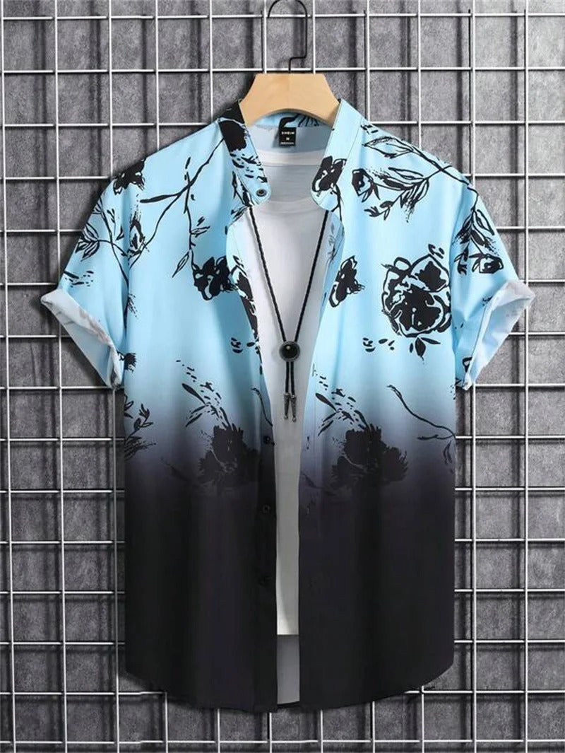 Back view of a Men's Short-Sleeve Floral Collared Shirt, showcasing its relaxed drape & comfort.
