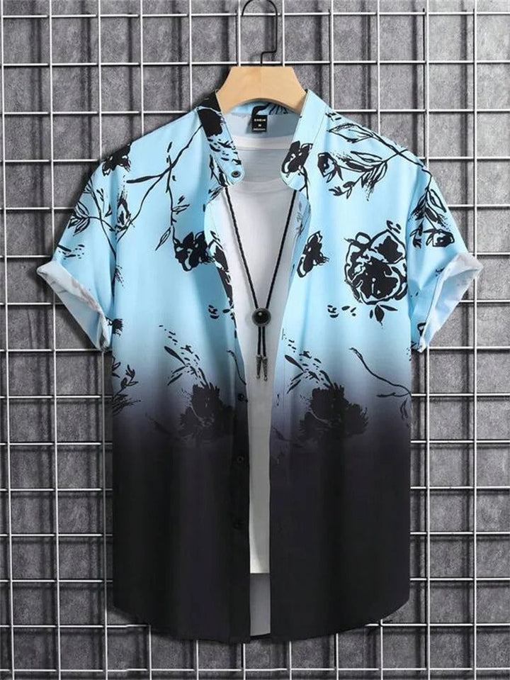 Back view of a Men's Short-Sleeve Floral Collared Shirt, showcasing its relaxed drape & comfort.