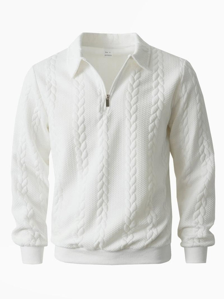 Mens long sleeve textured knit half-zip pullover sweater, a versatile smart casual top for effortless layering.