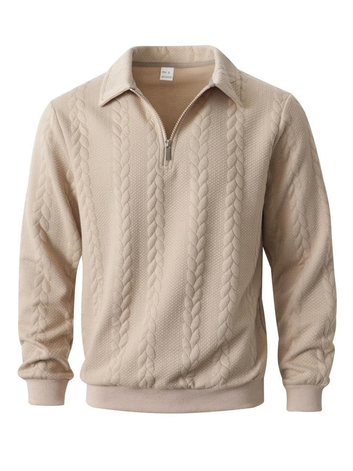 Close-up of men's textured knit half-zip pullover sweater showcasing the stylish collar and knitwear detail.
