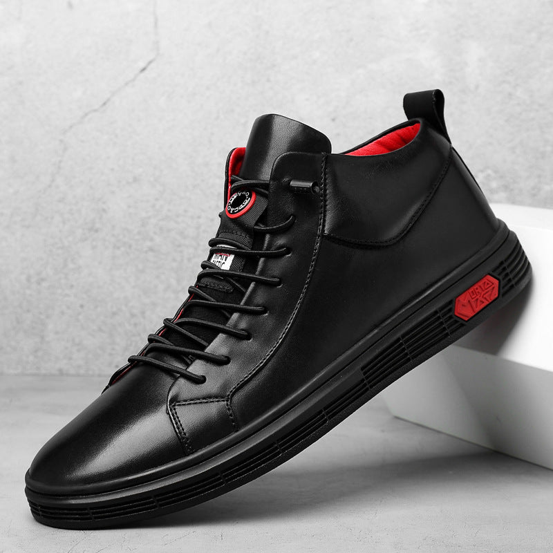 Men's stylish high-top sneakers with striking red accents, perfect for urban streetwear fashion.