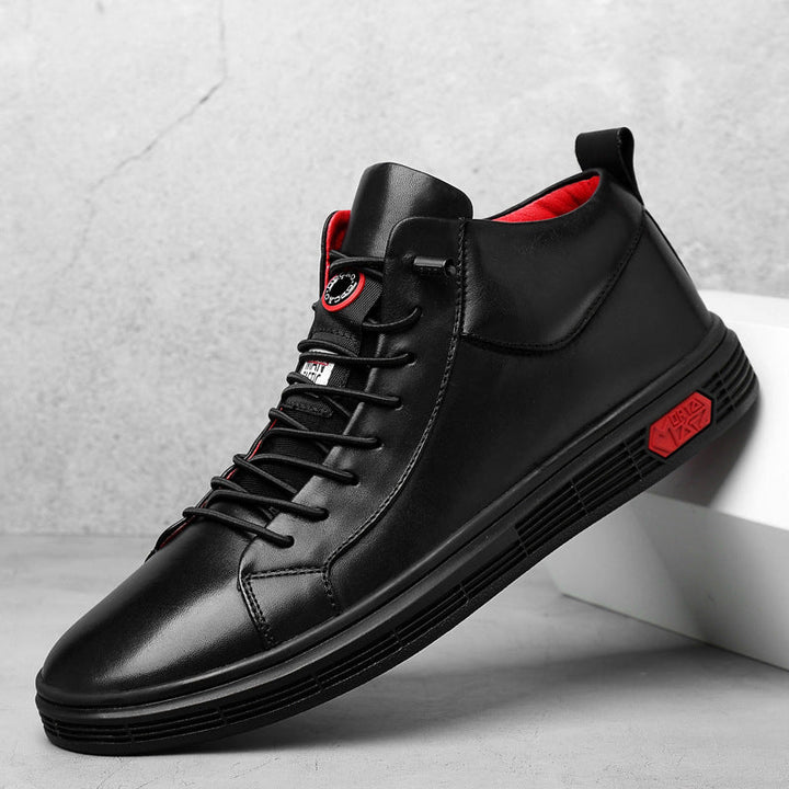 Men's stylish high-top sneakers with striking red accents, perfect for urban streetwear fashion.