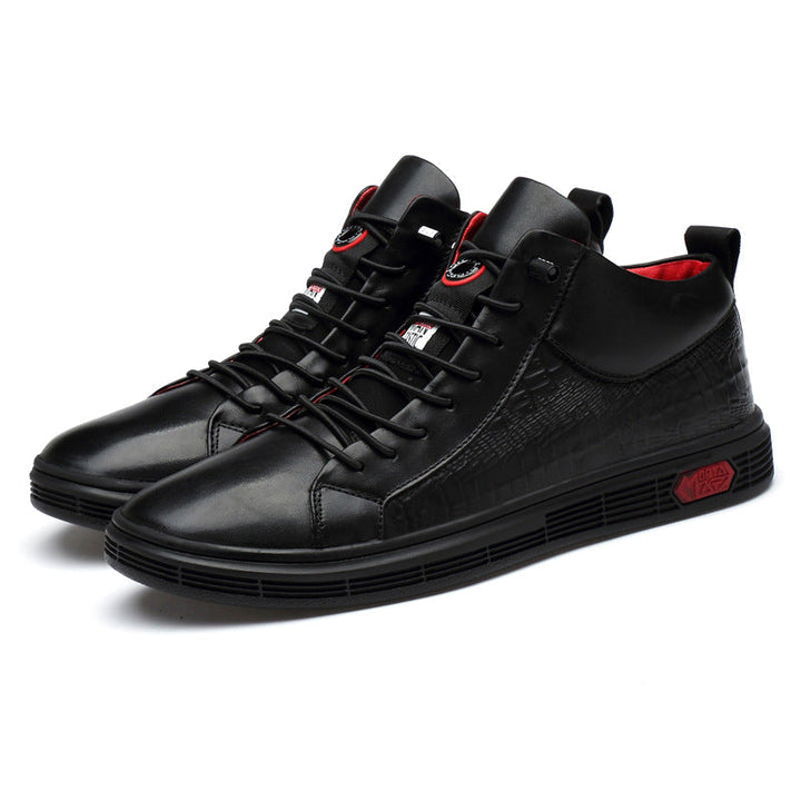 Dynamic men's high-top sneakers in black & red, a stylish choice for any casual or fashion outfit.
