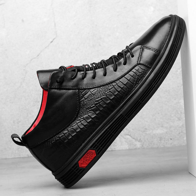 Full view of men's stylish high-top shoes, featuring bold red details and a comfortable design.