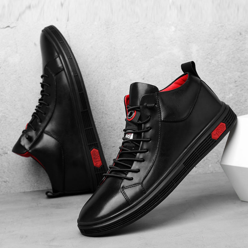 Modern high-top men's sneakers featuring bold red accents, ideal for casual and fashion-forward looks.