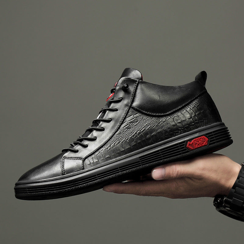 Men's comfortable high-top sneakers, black with stylish red accents, suitable for everyday wear.