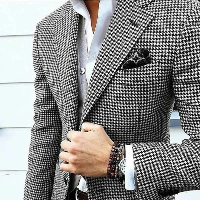 Men's stylish houndstooth check blazer with notch lapel. Perfect for formal and casual wear, a versatile jacket.