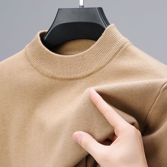 Men's stylish mock neck pullover sweater. Comfortable, modern menswear for casual or semi-formal wear.