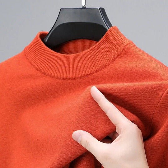 Soft knit men's mock neck pullover sweater, ideal for winter fashion layering and everyday comfort.