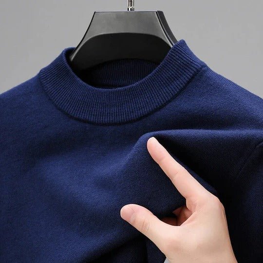 Modern men's mock neck pullover sweater. A stylish and comfortable piece for contemporary casual wear.