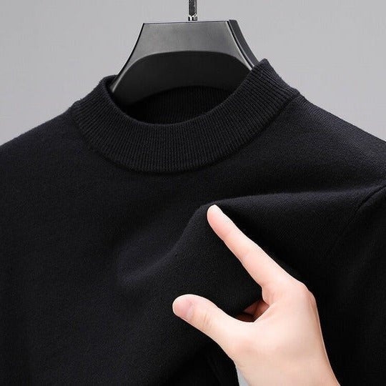 Warm men's mock neck pullover sweater, essential for winter fashion layering and cozy everyday comfort.