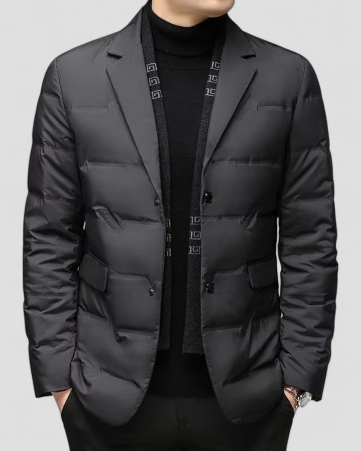 Men's stylish quilted padded jacket for smart casual winter wear. Ideal cold weather outerwear in black.