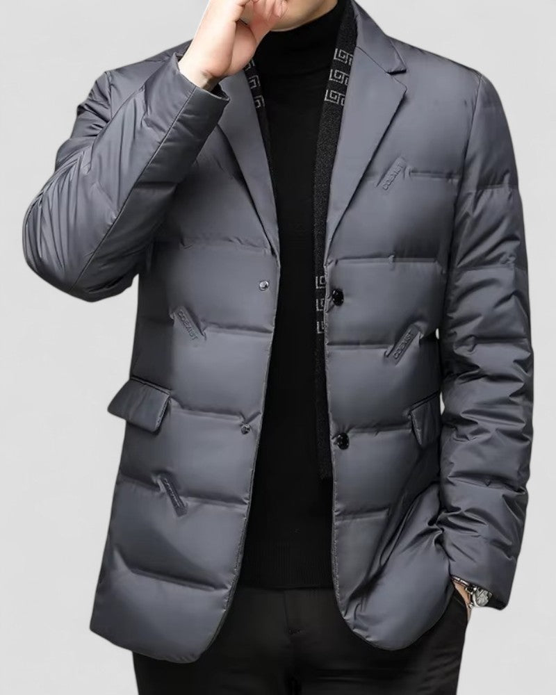 Warm men's quilted jacket, padded for cold weather. Perfect smart casual outerwear for fall and winter fashion.