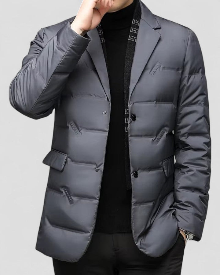 Warm men's quilted jacket, padded for cold weather. Perfect smart casual outerwear for fall and winter fashion.