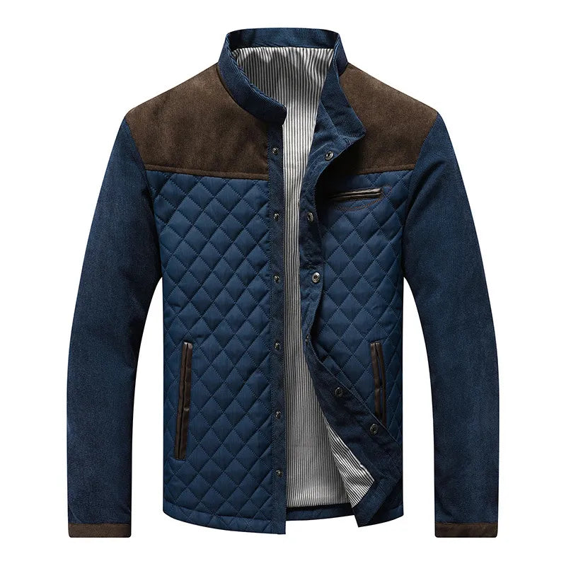 Men's stylish quilted stand collar jacket in black, perfect for modern casual fall and winter outerwear.