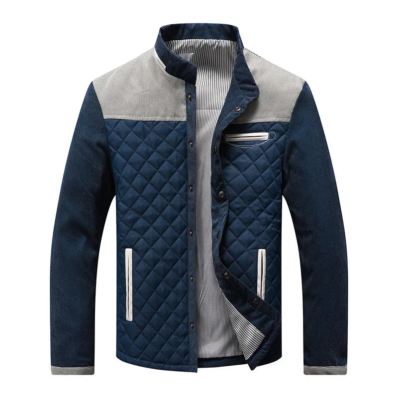 Close-up of a men's quilted jacket with a distinct stand collar, ideal for casual and smart winter looks.