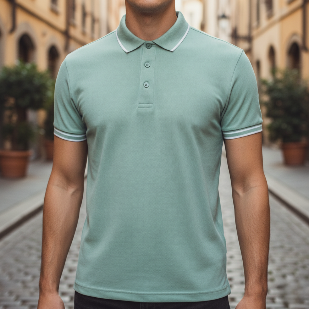 Men's stylish short sleeve polo. Tipped collar design, comfortable & moisture-wicking. Perfect for daily wear.