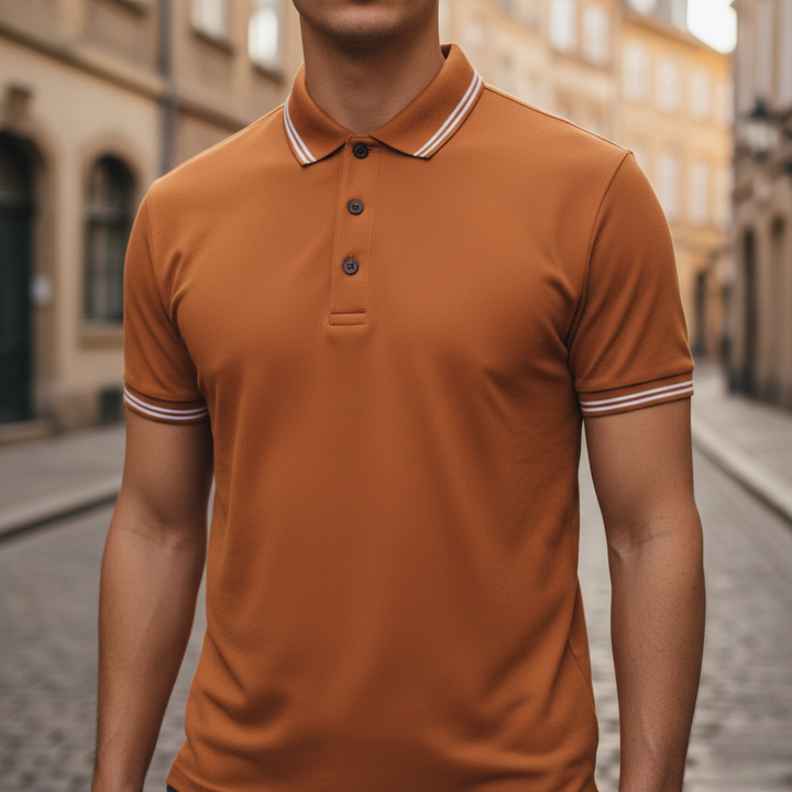 Versatile short sleeve men's polo shirt with a stylish tipped collar. Breathable fabric & tailored fit.
