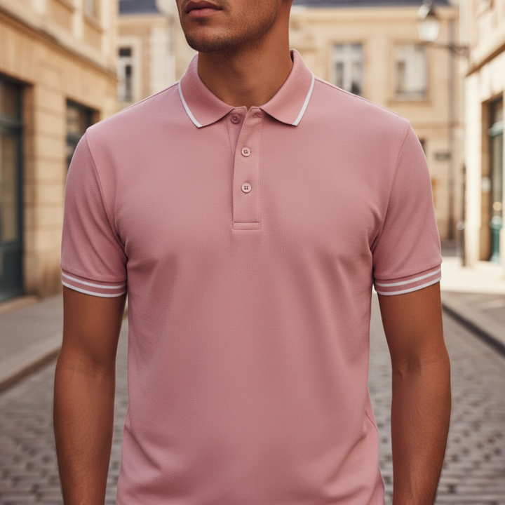 Smart casual men's short sleeve polo with a fashionable tipped collar. Comfortable, breathable & tailored.