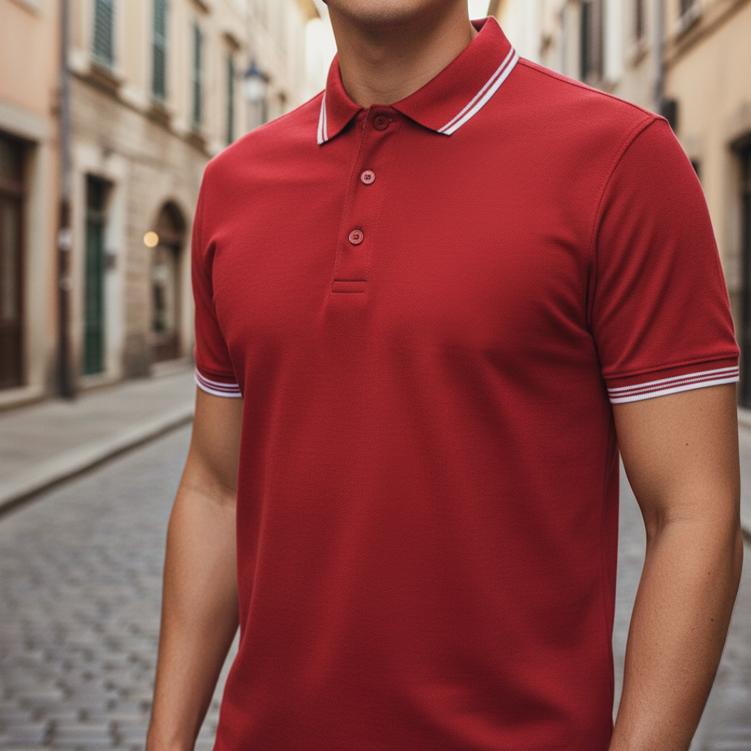 Modern men's short sleeve polo shirt, tailored fit, with a distinctive tipped collar. For stylish comfort.
