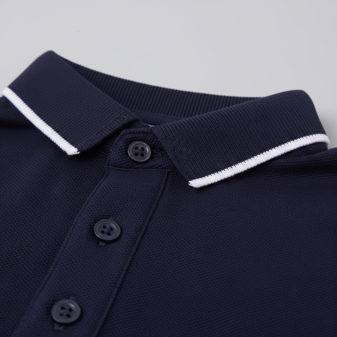 Casual yet smart men's fashion polo, short sleeve, with a distinctive tipped collar. Breathable fabric.