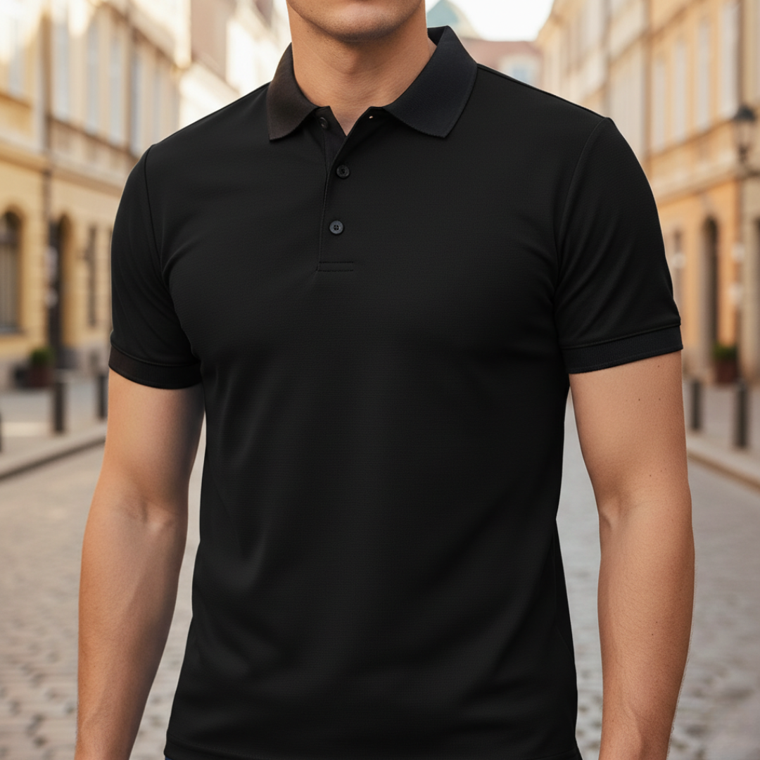 Versatile men's short sleeve polo shirt, comfortable, with a sharp tipped collar. For a modern, stylish look.