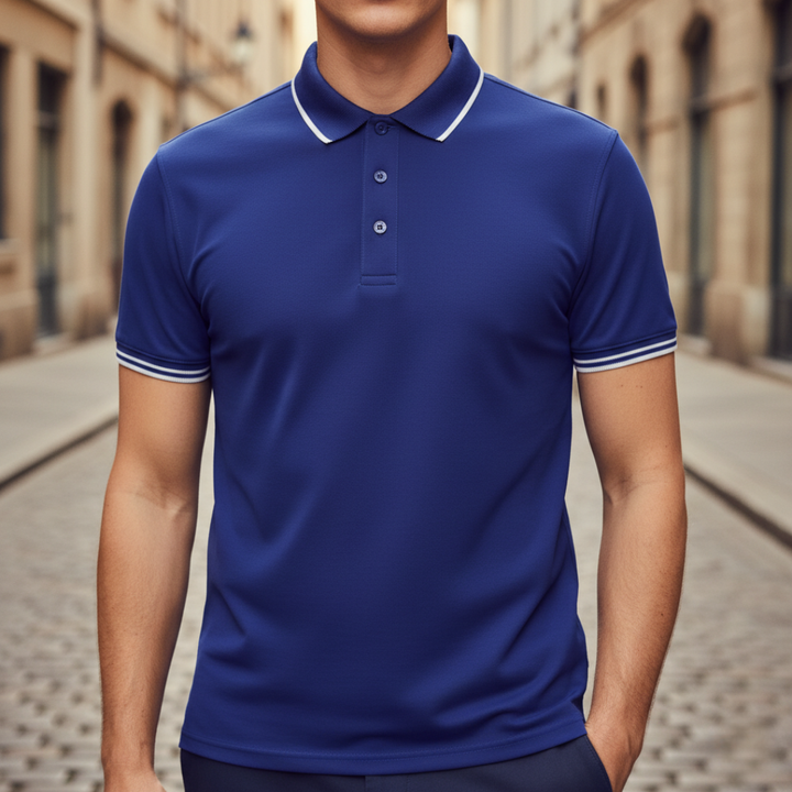 Stylish men's polo with short sleeves & a tailored fit. Features a smart tipped collar. Business casual ready.