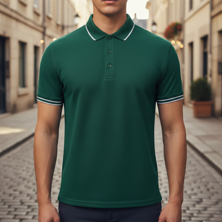 Comfortable men's short sleeve polo, moisture-wicking, with a stylish tipped collar. Great for active men.
